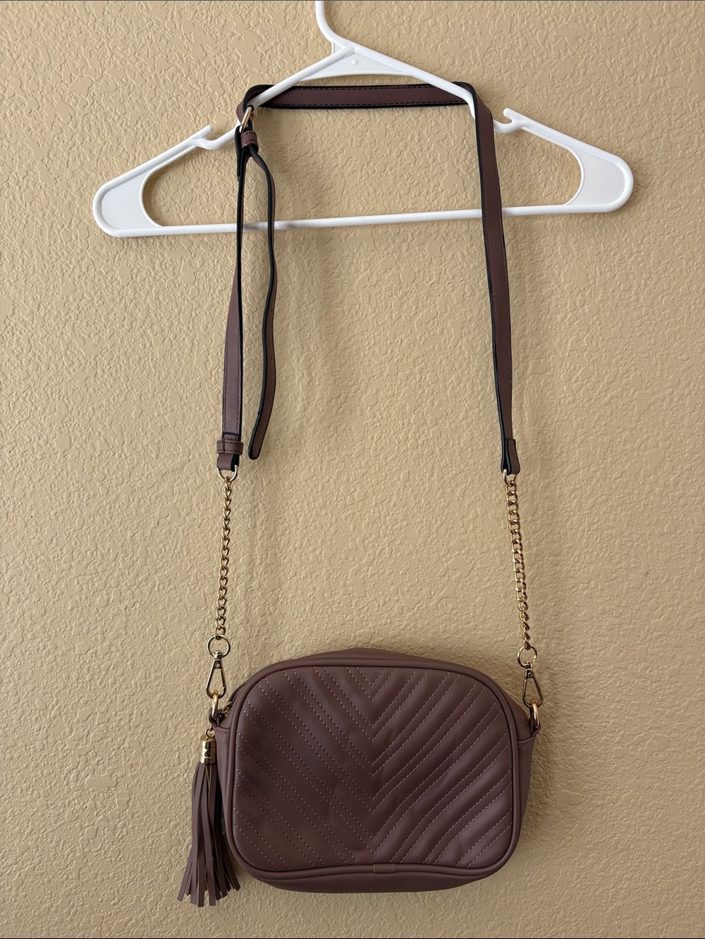 Quilted Mauve-Brown Crossbody Bag with Tassel